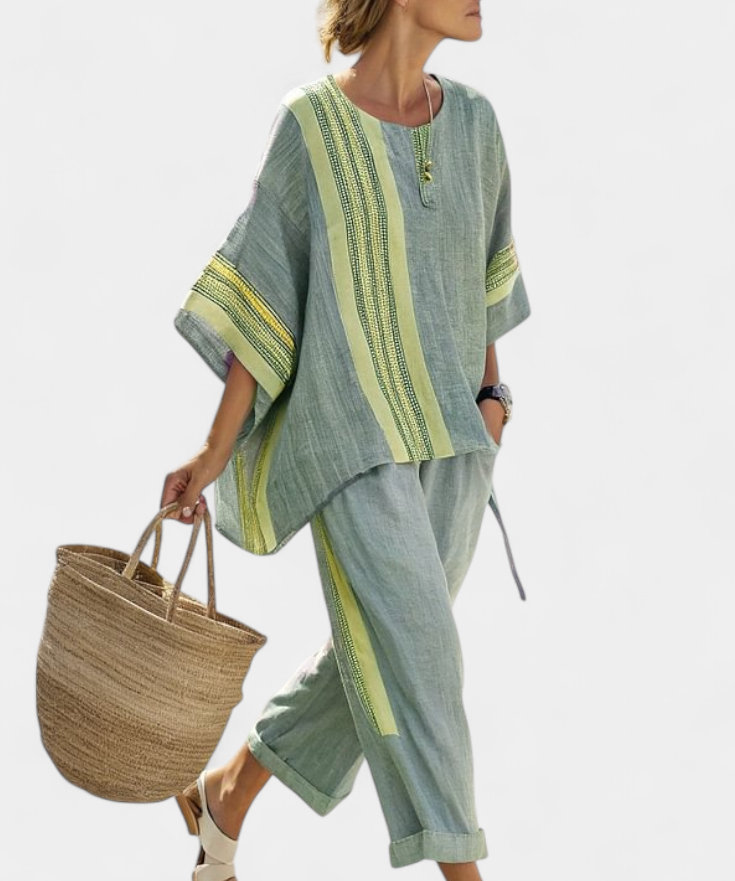 Len-bambusz szett bájos levendulával és sárga csíkkal