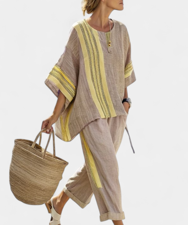 Len-bambusz szett bájos levendulával és sárga csíkkal