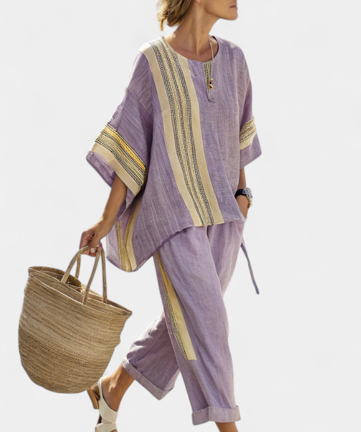 Len-bambusz szett bájos levendulával és sárga csíkkal