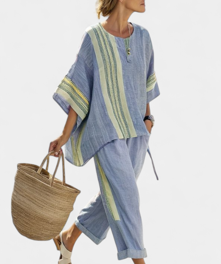 Len-bambusz szett bájos levendulával és sárga csíkkal